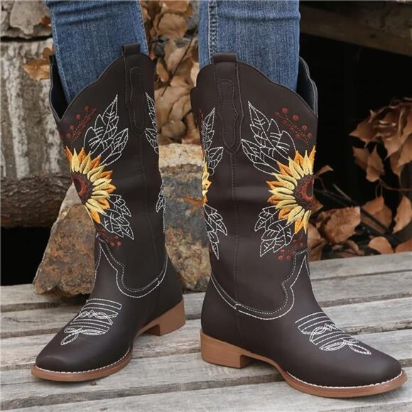 NEW Women's Sunflower Cowgirl Boots, Square Toe Western Embroidery Mid Calf - Picture 6 of 7